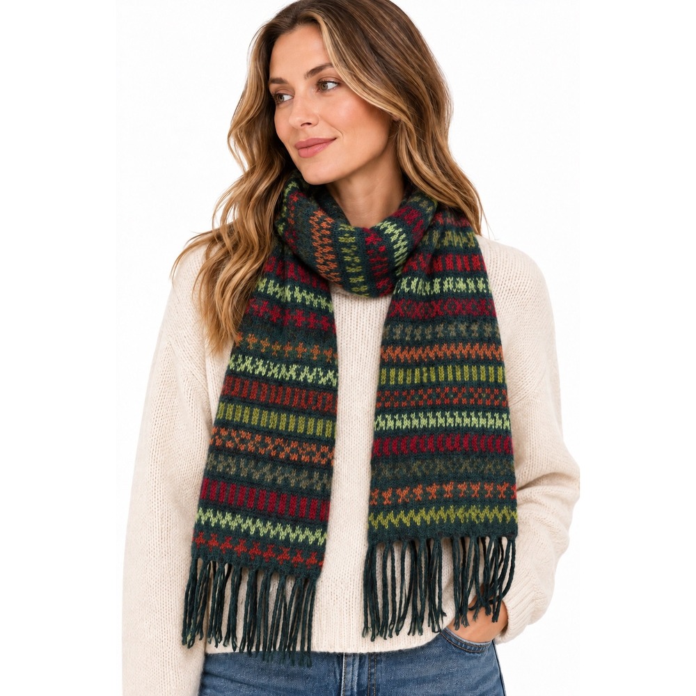 Alpaca Connection Scarf Made in Peru Fair Isle Multicolor Knit Fringe Green